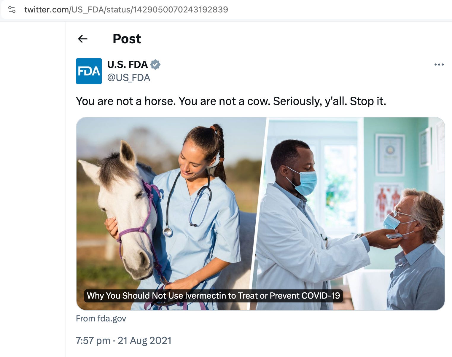 Tweet FDA: You are not a horse — 21 sierpnia 2021